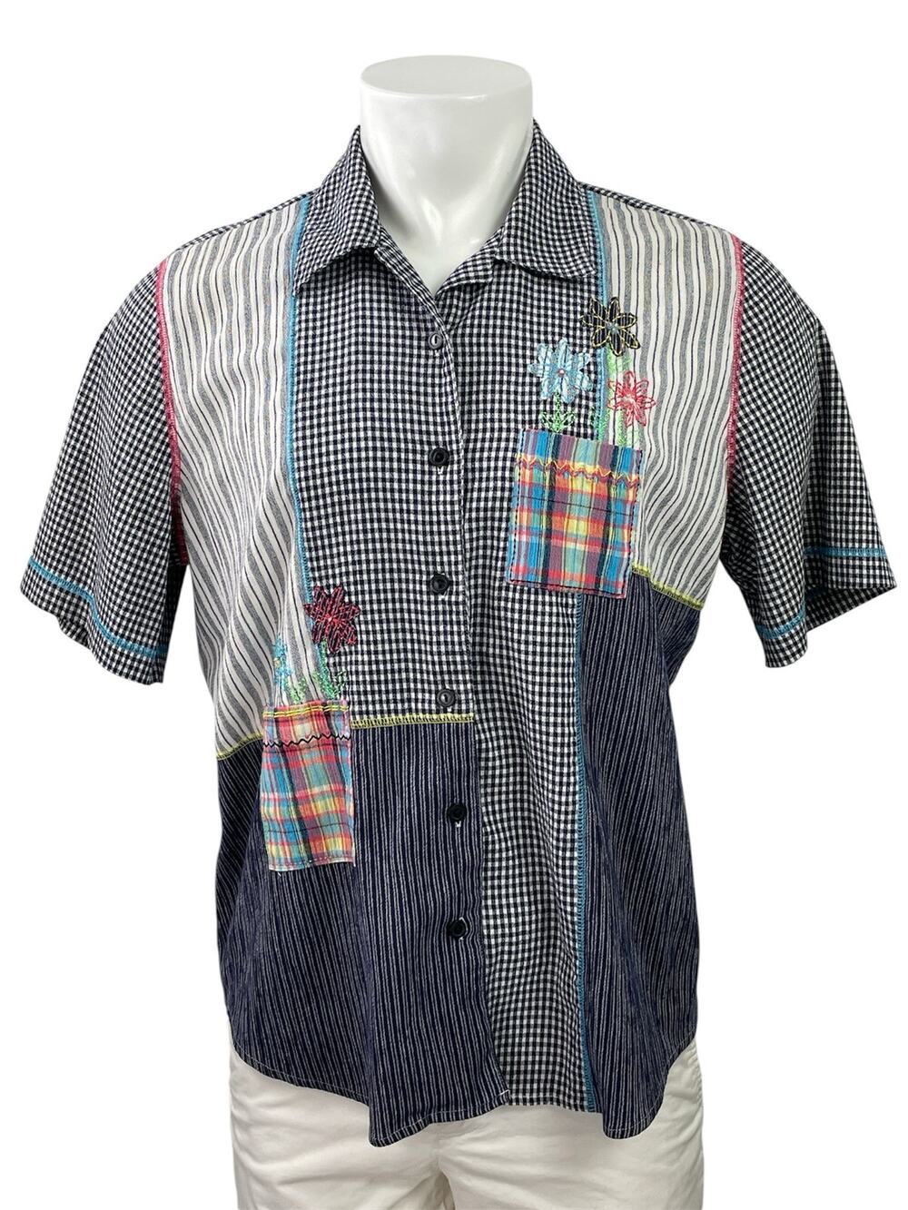 Koret Men Blue Gingham Check Patchwork Short Sleeve Button Down Shirt Top Size L